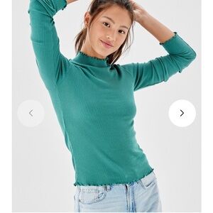 Ribbed Mock Neck Long Sleeve Top - Teal Green